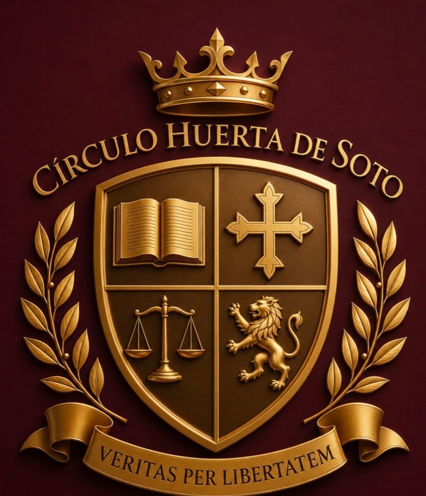Escudo del Círculo Huerta de Soto: corona, libro, cruz, balanza y león, con el lema Veritas per libertatem