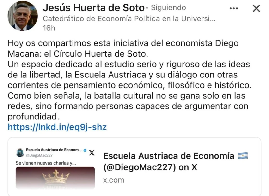 Professor Jesús Huerta de Soto's LinkedIn post, in Spanish, presenting the Círculo Huerta de Soto, an initiative by Diego Macana