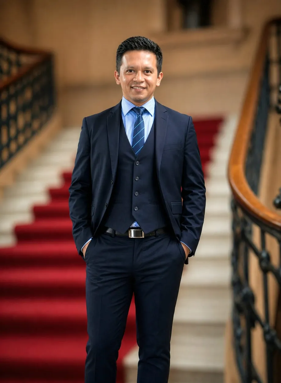 Diego Macana Roa standing on a marble staircase with a red carpet