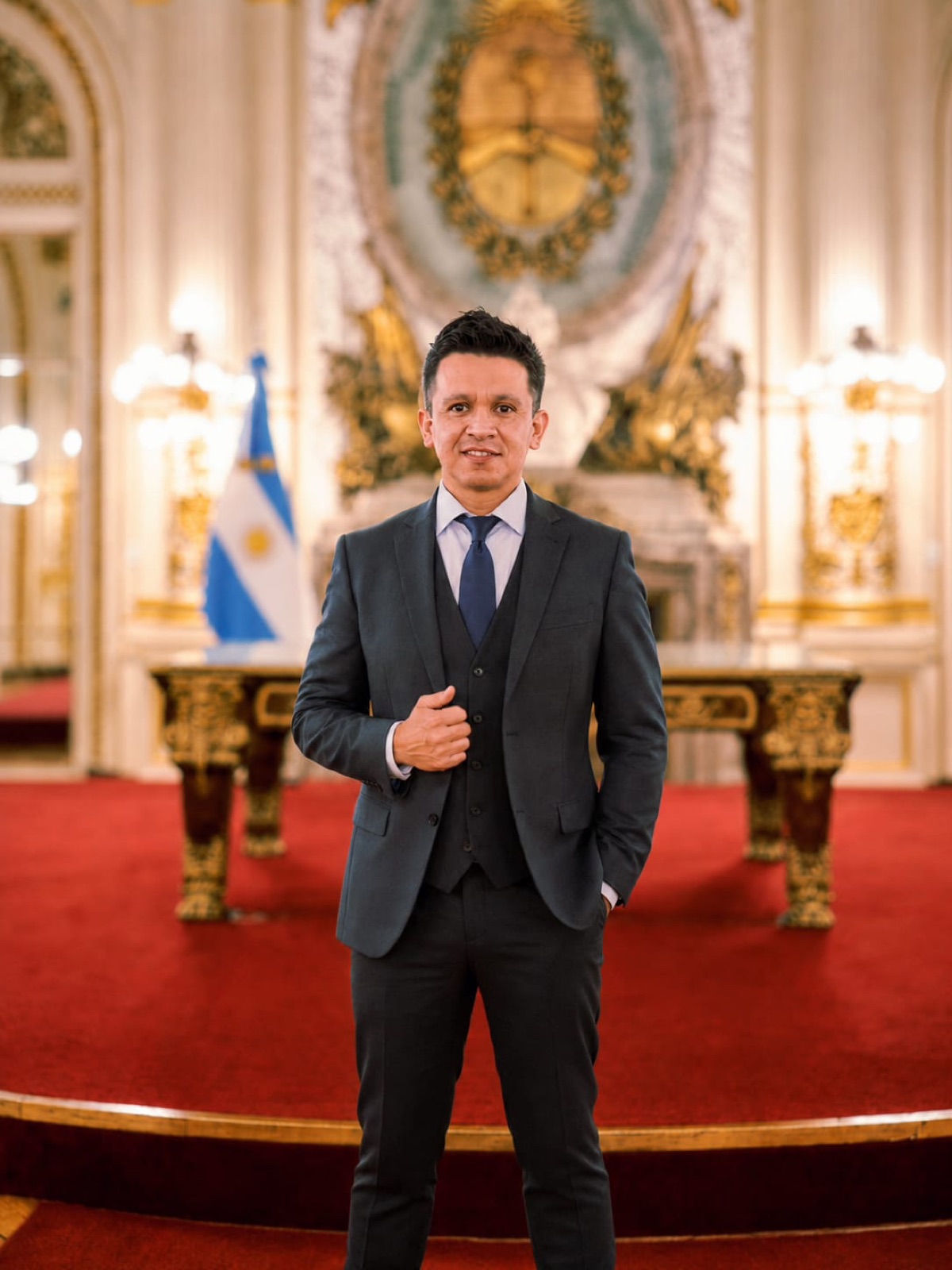Diego Macana Roa de pie en un salón con el escudo nacional argentino