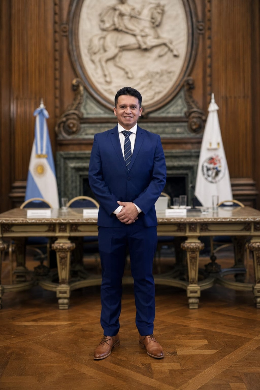 Diego Macana Roa de pie en un salón con paneles de madera y banderas